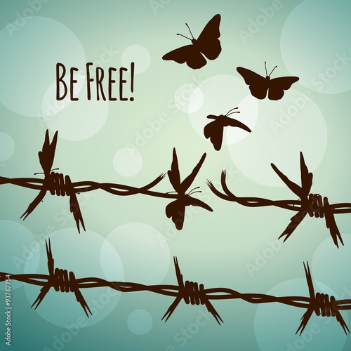Plakat Wolność - przekształcenie ogrodzenia z drutu kolczastego w latające motyle