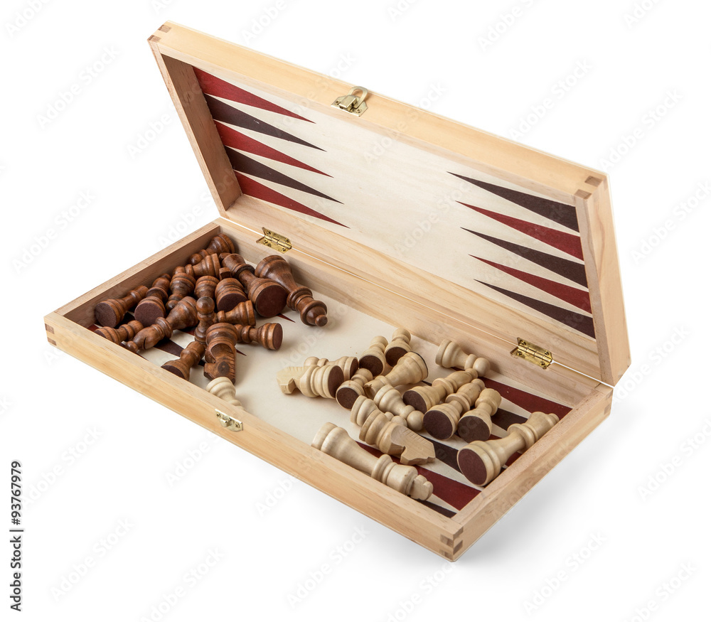 Open chess board with chess wooden pieces isolated on white Open chess board with chess wooden pieces isolated on white