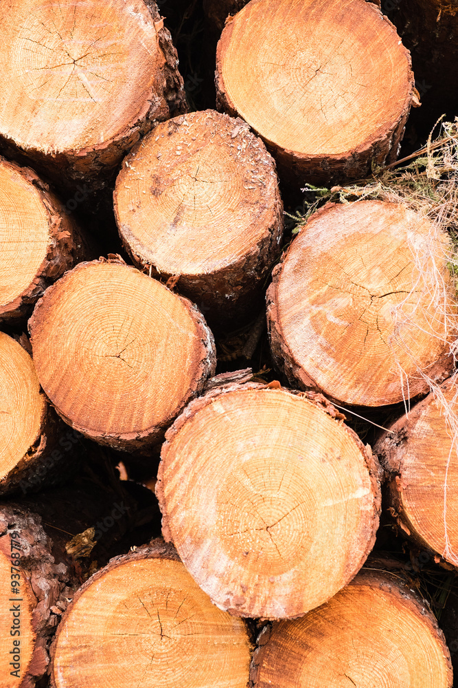 a pile of pine logs on a truck for transport
