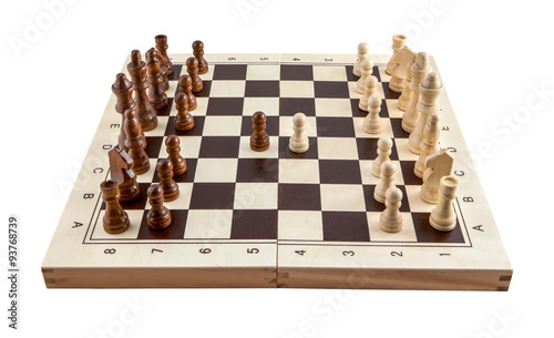 Chess board with chess wooden pieces isolated on white