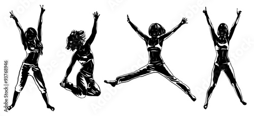 Four happy girls with hands up silhouettes