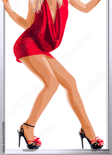 Sexy slim woman legs and red dress in door frame