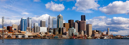 Panoramic view of Seattle skyline and waterfront, viewed from the water