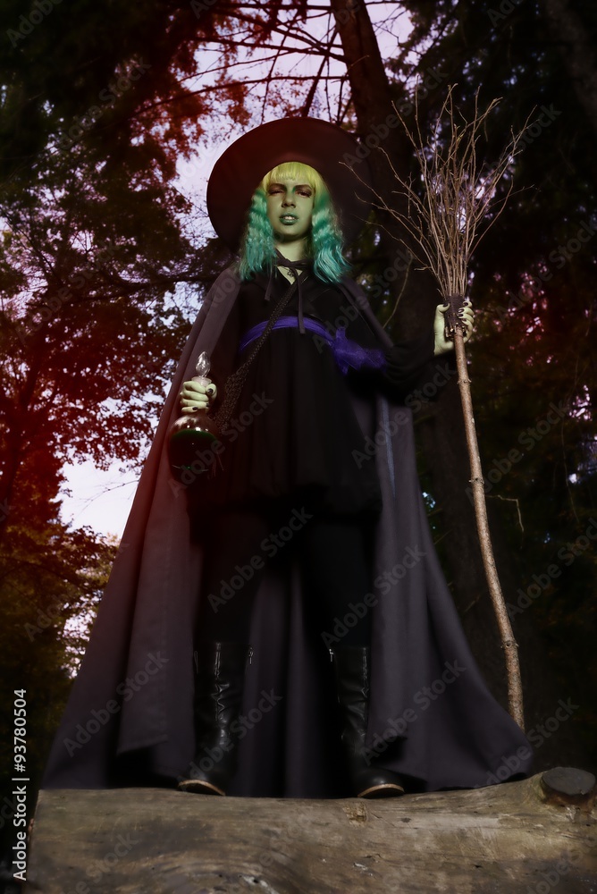 Young girl with green hair and broom in suit of witch in forest. Halloween time Young girl with green hair and broom in suit of witch in forest. Halloween time