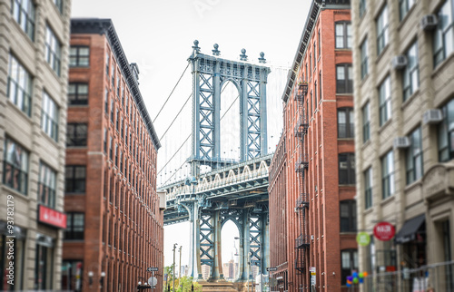 Manhattan bridge view from Brooklyn district. Concept about traveling in New york and landmarks