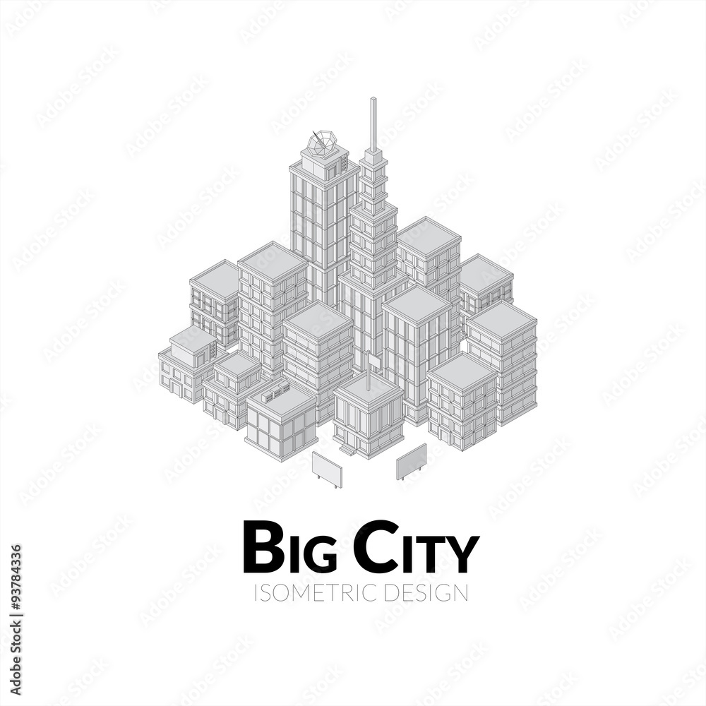 Aerial view of big city, outline design with shadows, isometric