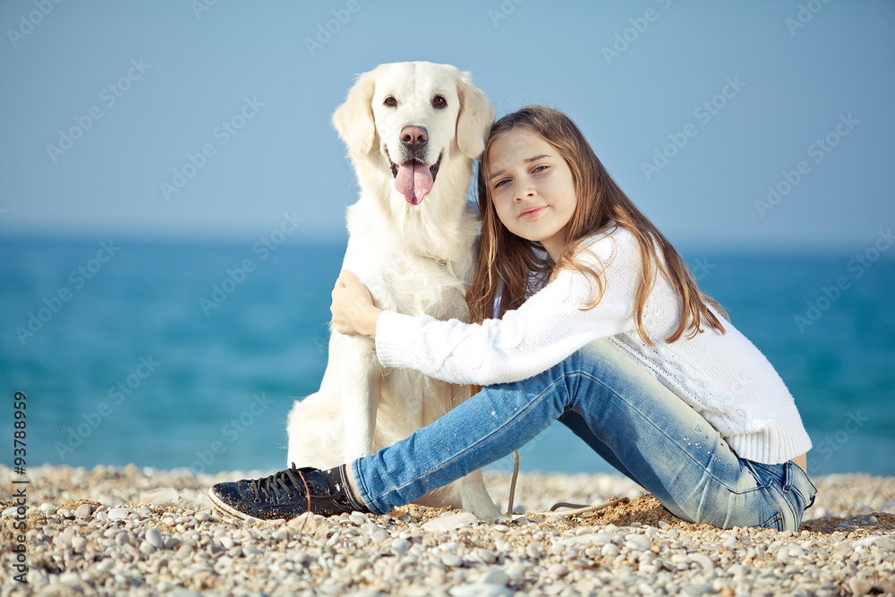 happy kid with her dog friend labrador happy kid with her dog friend labrador