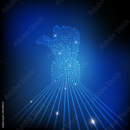 Vector : Electronic circuit in thumb up hand on blue technology