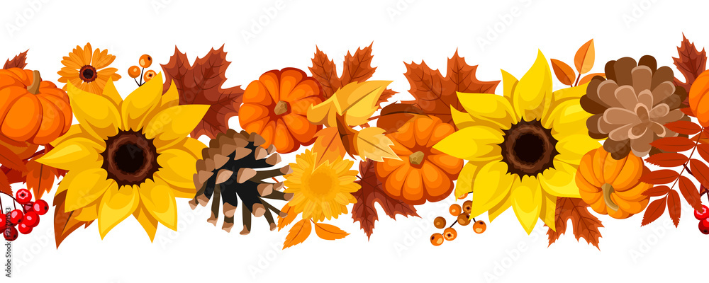 Naklejka premium Horizontal seamless background with pumpkins, sunflowers and autumn leaves. Vector illustration.