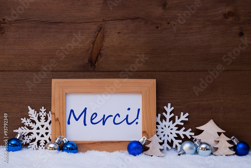 Blue Christmas Decoration, Snow, Merci Means Thank You