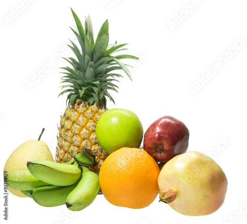 Fruits set on white isolated  Pineapple apple banana pomegranate