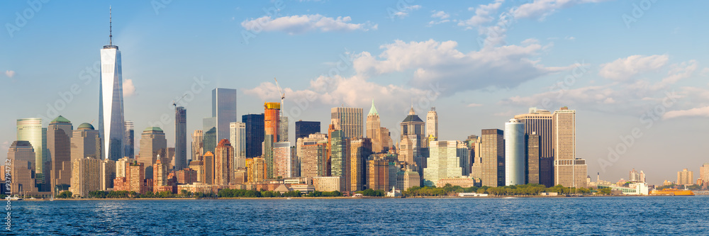 High resolution panoramic view of the downtown New York City skyline seen from the ocean High resolution panoramic view of the downtown New York City skyline seen from the ocean