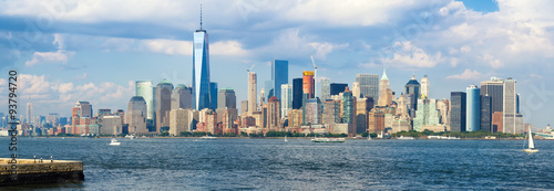 High resolution panoramic view of the downtown New York City skyline seen from the ocean #93794720