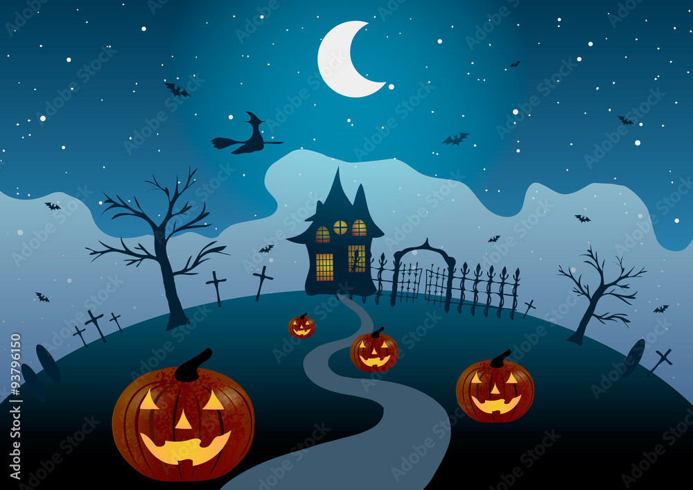 Vector illustration. Halloween. The road to the house on the hill, among the pumpkins and cemetery.