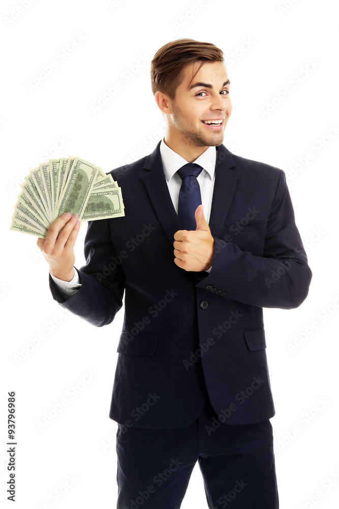 Elegant man in suit holding money isolated on white Elegant man in suit holding money isolated on white