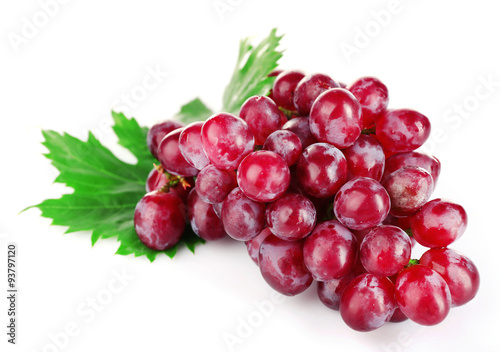 Bunch of red grape with leaf isolated on white