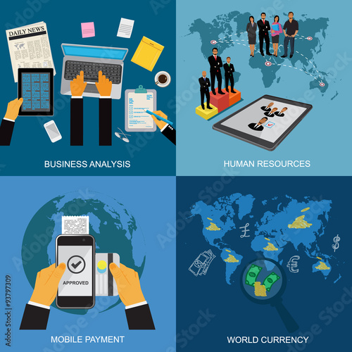 business analysis, human resources, mobile payment, world currency, concept, flat style, vector illustration, template