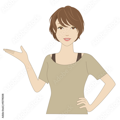 手で案内する笑顔の女性