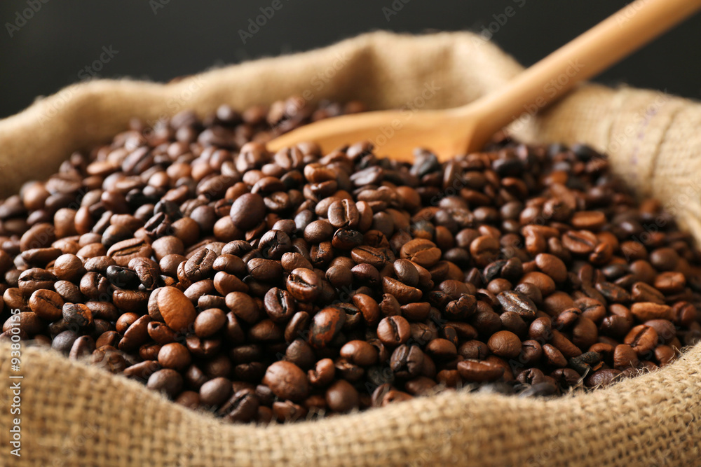 Fototapeta premium Sac with roasted coffee beans with spoon on dark background