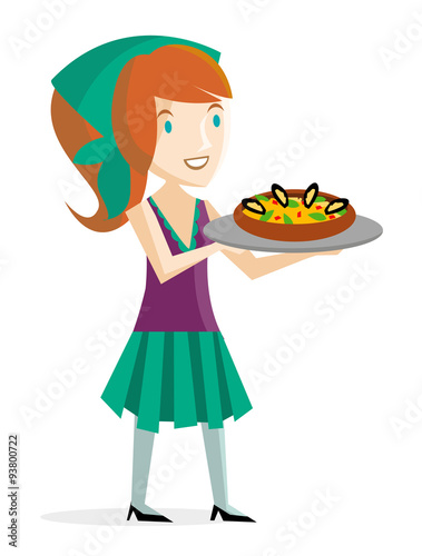 mujer con bandeja con comida mediterránea 