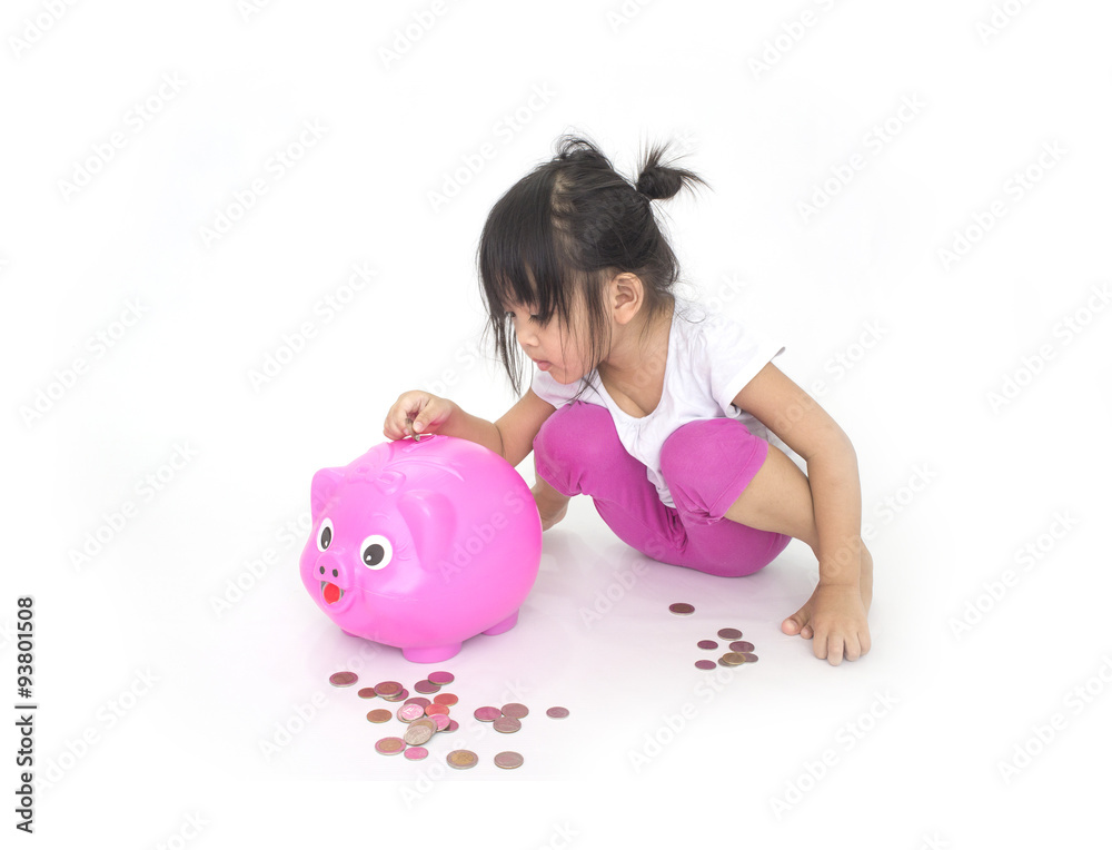 Asian children with pink piggy bank Asian children with pink piggy bank