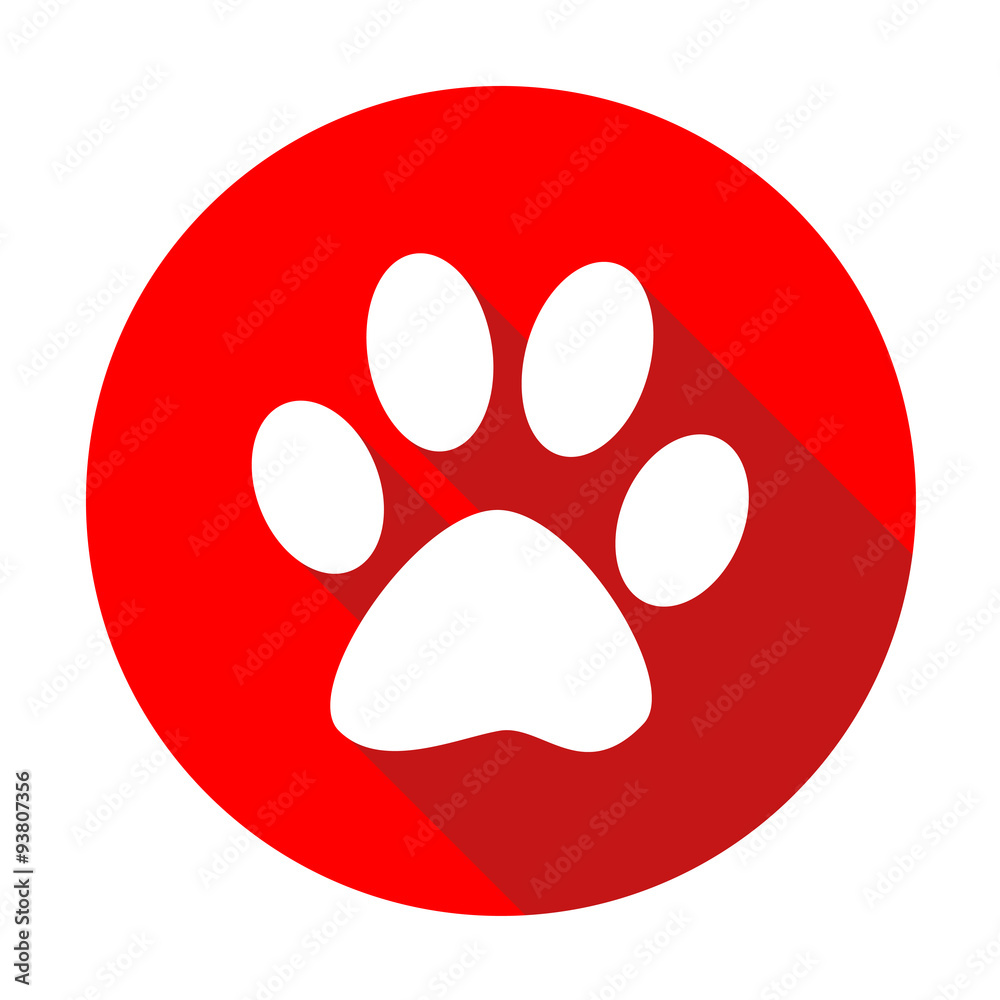 Icono plano redondo huella animal con sombra rojo Icono plano redondo huella animal con sombra rojo