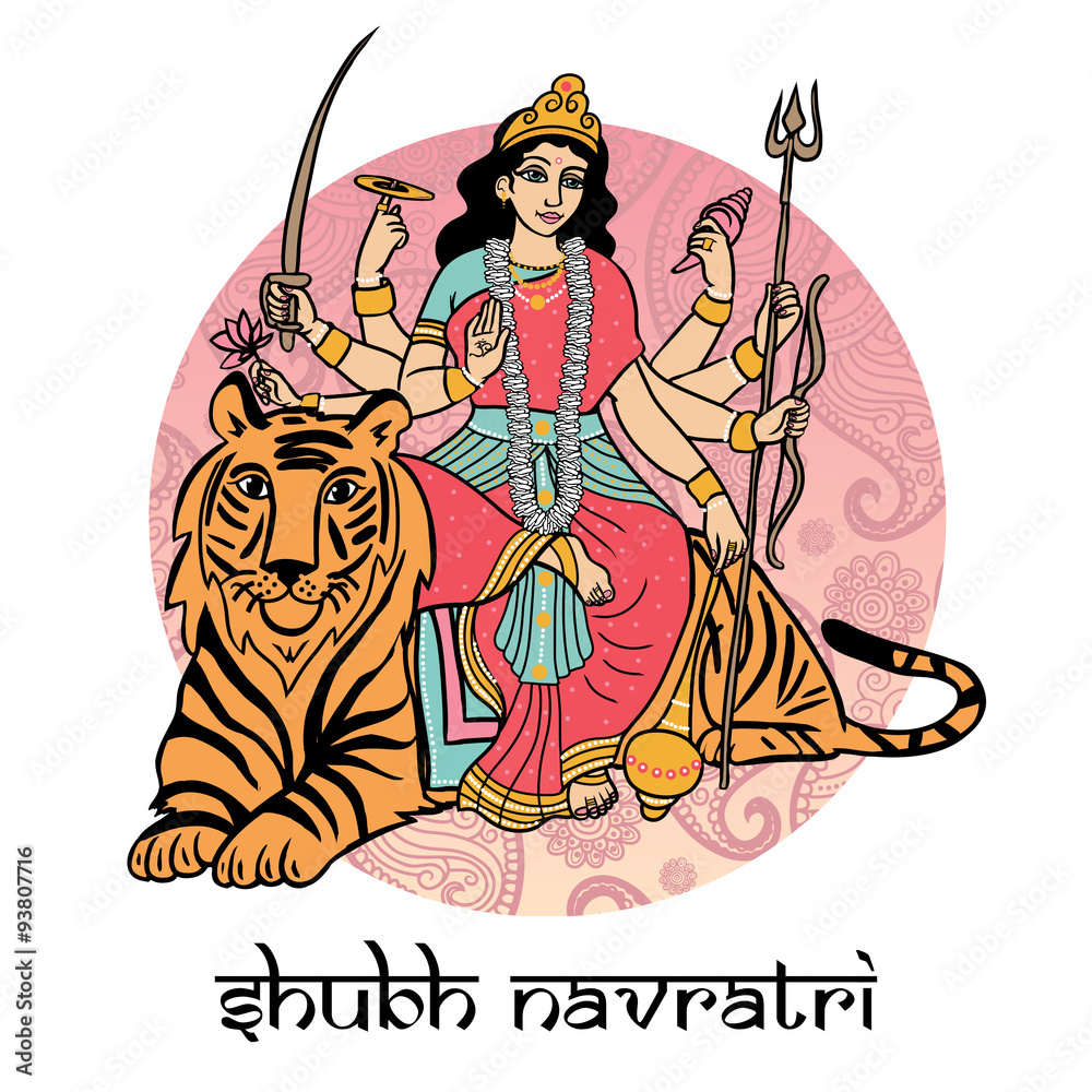 Cartoon hindu goddess Durga sitting on the tiger. Greeting card Navaratri,  or print t-shirt. Stock Vector | Adobe Stock