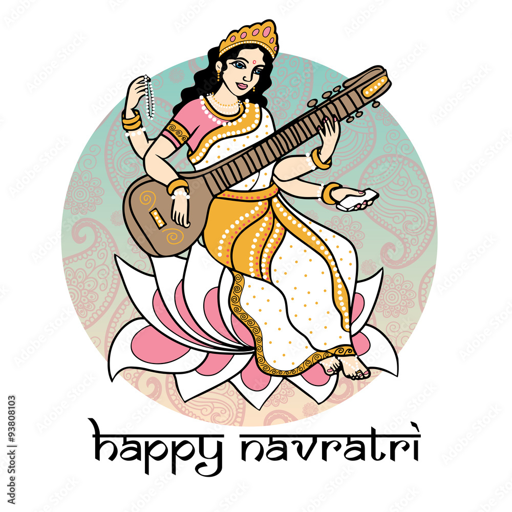 cartoon hindu goddess Saraswati sitting on the lotus in white sari. Greeting card for Navratri. for print posters, banner and postcard. Stock Vector | Adobe Stock cartoon hindu goddess Saraswati sitting on the lotus in white sari. Greeting card for Navratri. for print posters, banner and postcard. Stock Vector | Adobe Stock