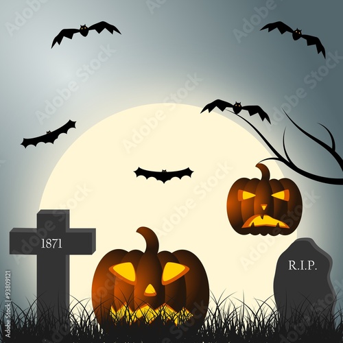 Halloween pumpkins and bats in the cemetery