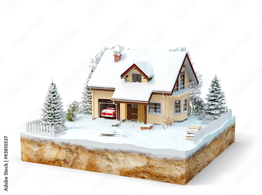 Cute house on a piece of earth with snowed garden and trees in winter.