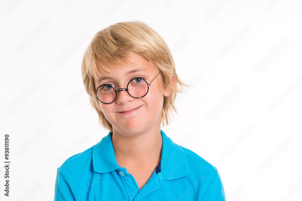 smiling blond boy with round glasses
