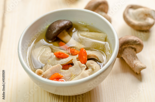 Close up Traditional oriental pork broth with shiitake mushrooms