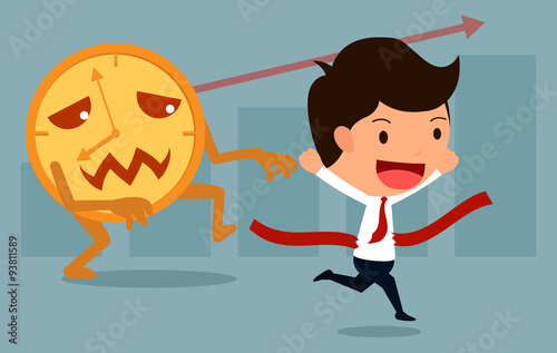 businessman get win over a clock on the running track.