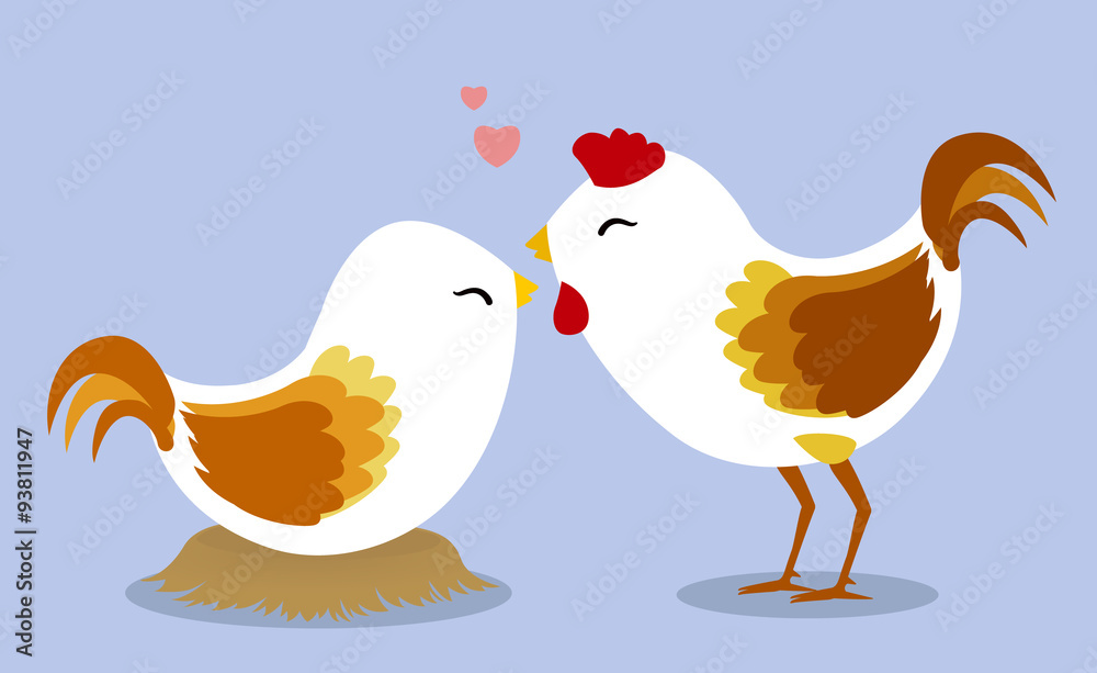 Chickens in love on light blue background2