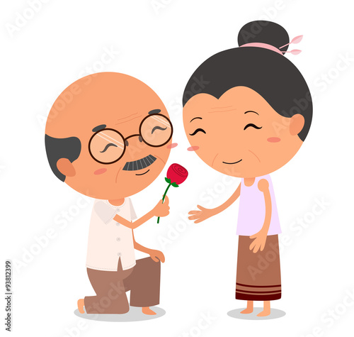grandpa giving flower grandma. elderly couple love.