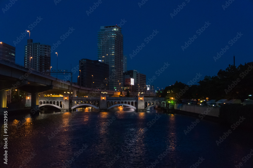 Office buildings and Tosabori river at night, Osaka. 