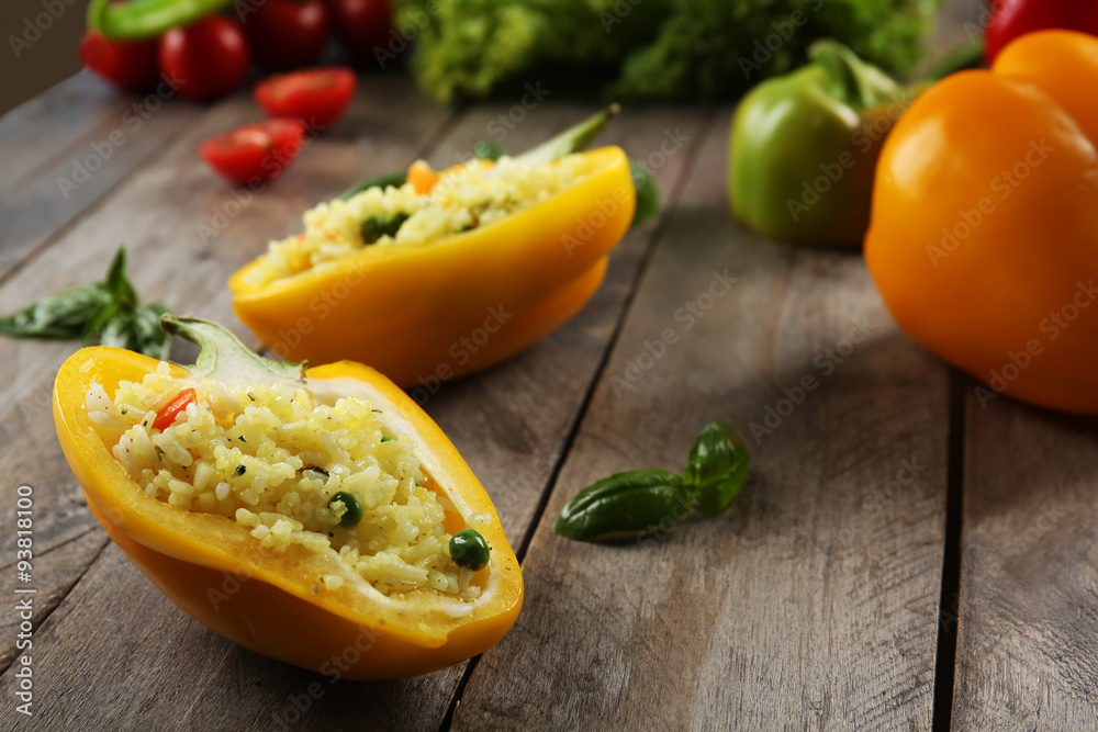 Stuffed peppers with vegetables on table close up Stuffed peppers with vegetables on table close up