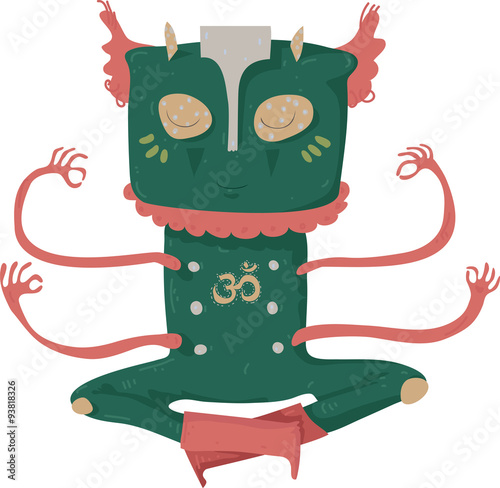 Green funny monster sitting in lotus yoga pose. Vector colorful illustration, isolated on white.