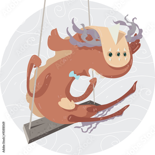 Cute strange monster rides on a swing, vector illustration in circle. Fun and childish.