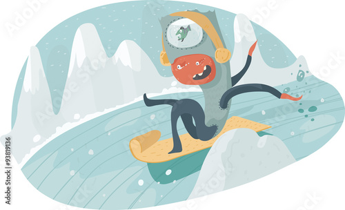 Fun monster with a fish on the top of his head goes down the snowy hill on sled. Large vector horizontal illustration with mountains at background, isolated on white.