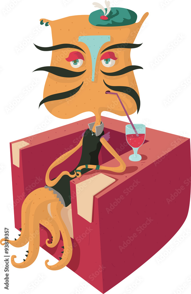 Cute vector illustration of a sitting monster with a cocktail, isolated. Cute vector illustration of a sitting monster with a cocktail, isolated.