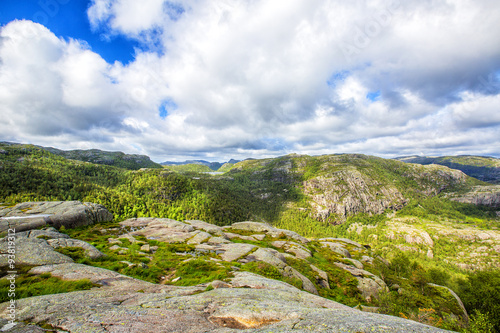 Hiking trail and alpine landscape of the Preikestolen and Lysefjord area in Rogaland, Norway © maylat