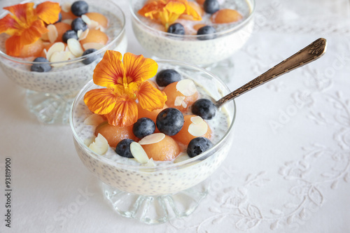 Chia seeds pudding with Cantaloupe balls and blueberries