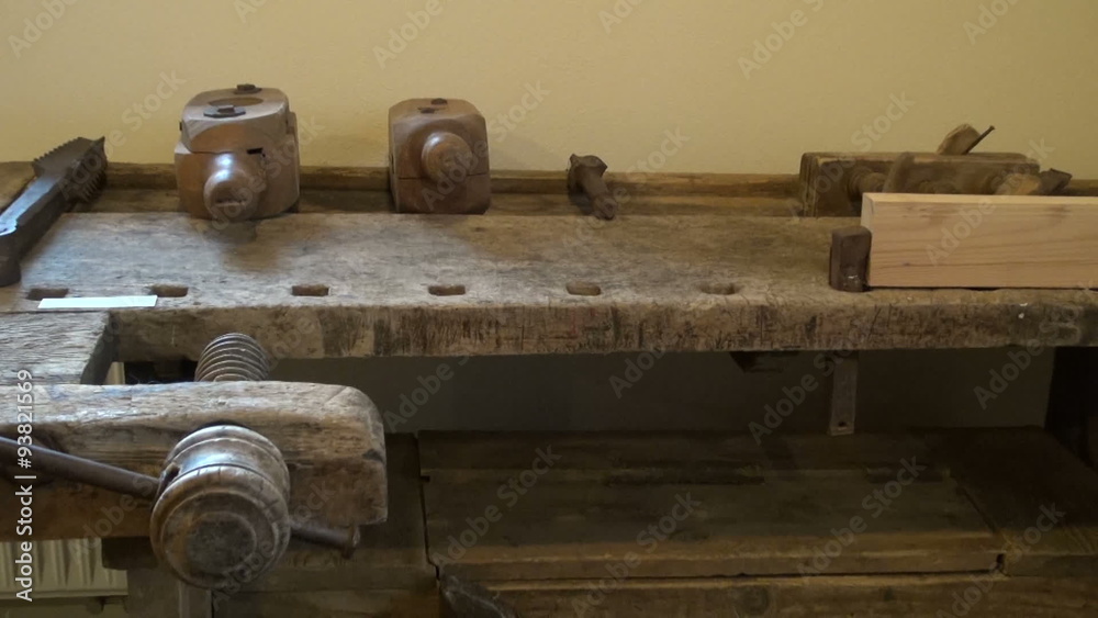 Antique wooden workbench in museum