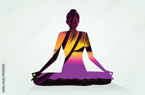 Double exposure of woman doing Yoga postures and sea at the sunset time