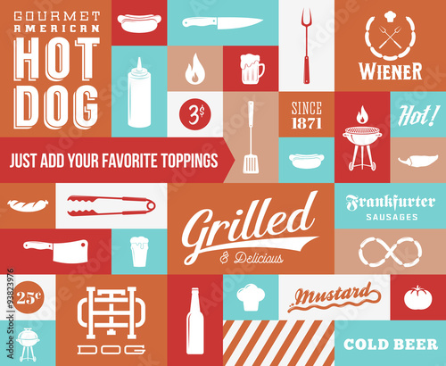 Hot Dog Vector Icon and Typography Set. Vintage Retro Signs or