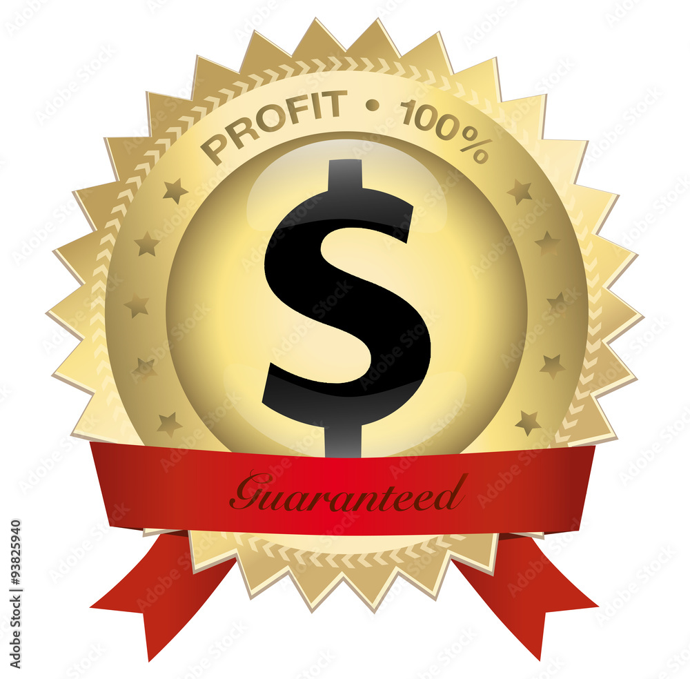 Profit 100% seal or icon with red banner and dollar symbol. Glossy golden seal or button with stars. Profit 100% seal or icon with red banner and dollar symbol. Glossy golden seal or button with stars.