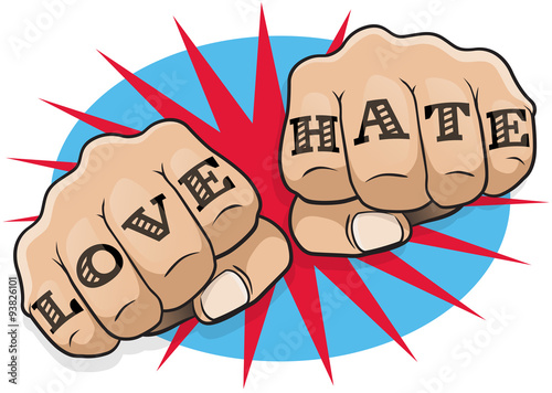 Vintage Pop Art Love and Hate Punching Fists.