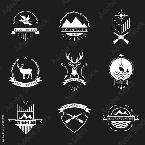 Set of  hunting, camping, fishing, armory and shooter's logo, em
