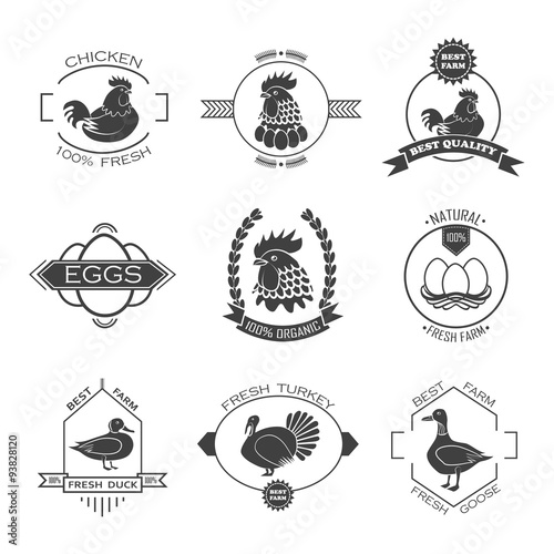 Set of poultry farm logo, emblem. Chicken, turkey, goose, duck.